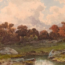 Unknown Landscape Lake Autumn illegible signed original watercolor circa 1890