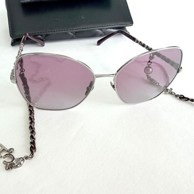 Chanel Butterfly Sunglasses & Chain Gunmetal Burgundy Pink 