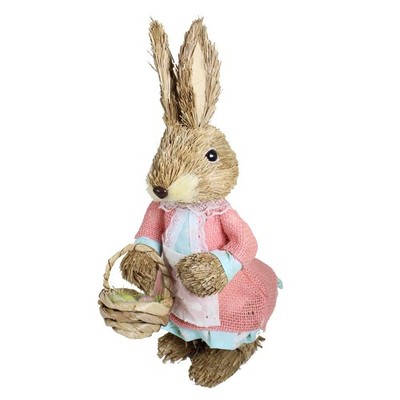 Easter Bunny in Pink Dress with Basket Standing Art Decoration Room Ornament