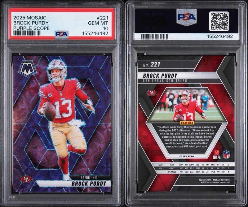 2025 PANINI MOSAIC #221 BROCK PURDY “PURPLE SCOPE” RARE!! PSA 10!! POP 2!!