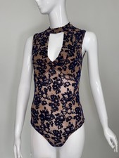 Sheer Floral Mesh Bodysuit   Sleeveless Nude  Navy Lace   Cutout Neck Detail