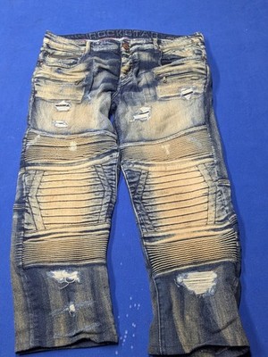 Rockstar Original Mens 36 Distressed Biker Jeans Sand Wash Moto Ribbed Denim