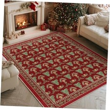 Red Xmas Tree Mistletoe Christmas Area Rug, Winter Home Decor Low-Profile Non