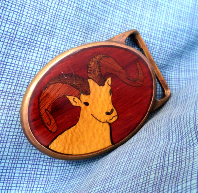 Bighorn Ram Belt Buckle Wood Inlay Sportsman Vtg 70s Von West Tech Ether .GMP242