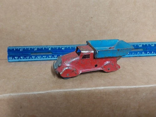 Marx train playset pressed steel red and blue dump truck