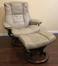 Ekornes Stressless Large Sand Leather "Mayfair" Swivel Recliner and Ottoman