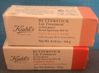 2 pc Kiehl's Butterstick Lip Treatment Naturally Nude & Simply Rose NIB Rare