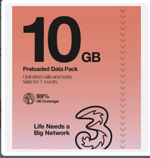 Three  Pay As You Go Standard Sim Pack -  10Gb Data 1Month