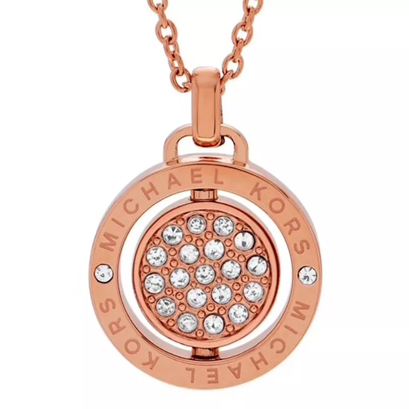 Auth NEW Michael Kors Brilliant Pave ROSE GOLD Spinning Logo Necklace Dust Cover