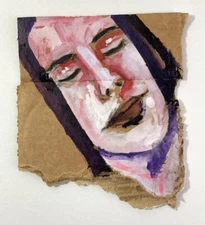 Original Outsider Art Woman Naive Primitive Portrait Painting Torn Cardboard Art