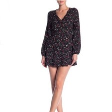 Hiatus Flora Mini Dress V-Neck Medium Black Red Blue Buttons Long Wide Sleeves