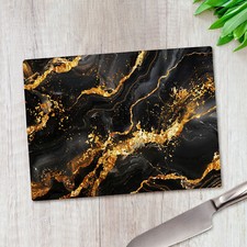 Black Gold Marble Effect Glass Chopping Board Large Kitchen Worktop Saver