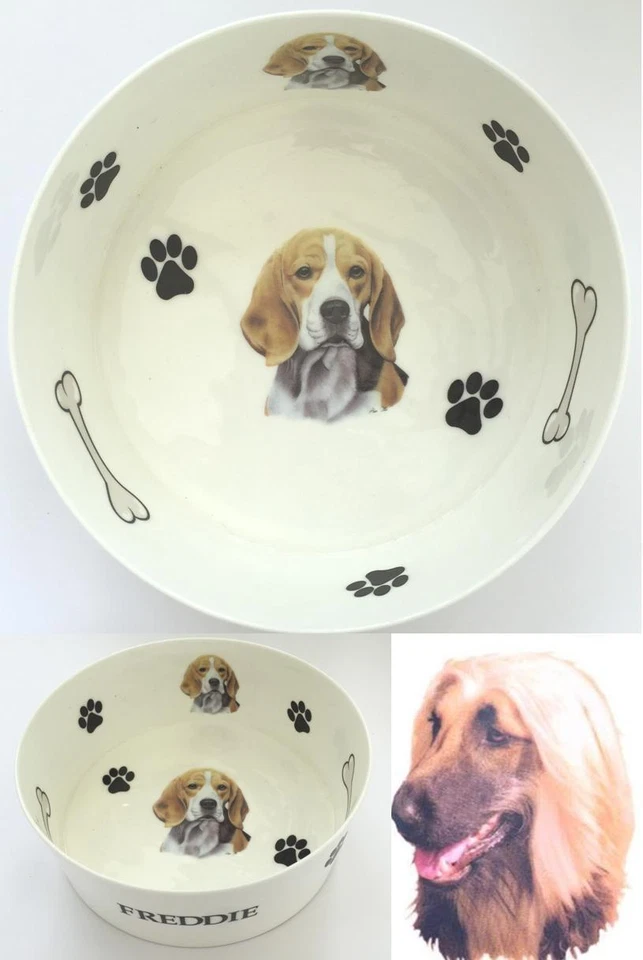 DECORATED BY KIRSTY JAYNE CHINA Bone China Personalised (R-Z)Dog Food/Water Bowl decorated with bones/pawprints