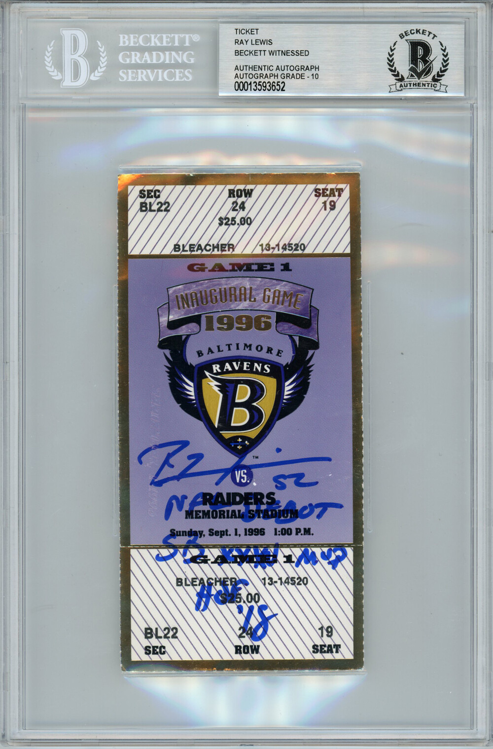 Ray Lewis Autographed Signed Baltimore Ravens NFL Debut Ticket Stub 3 Insc Beckett Slab 35038 