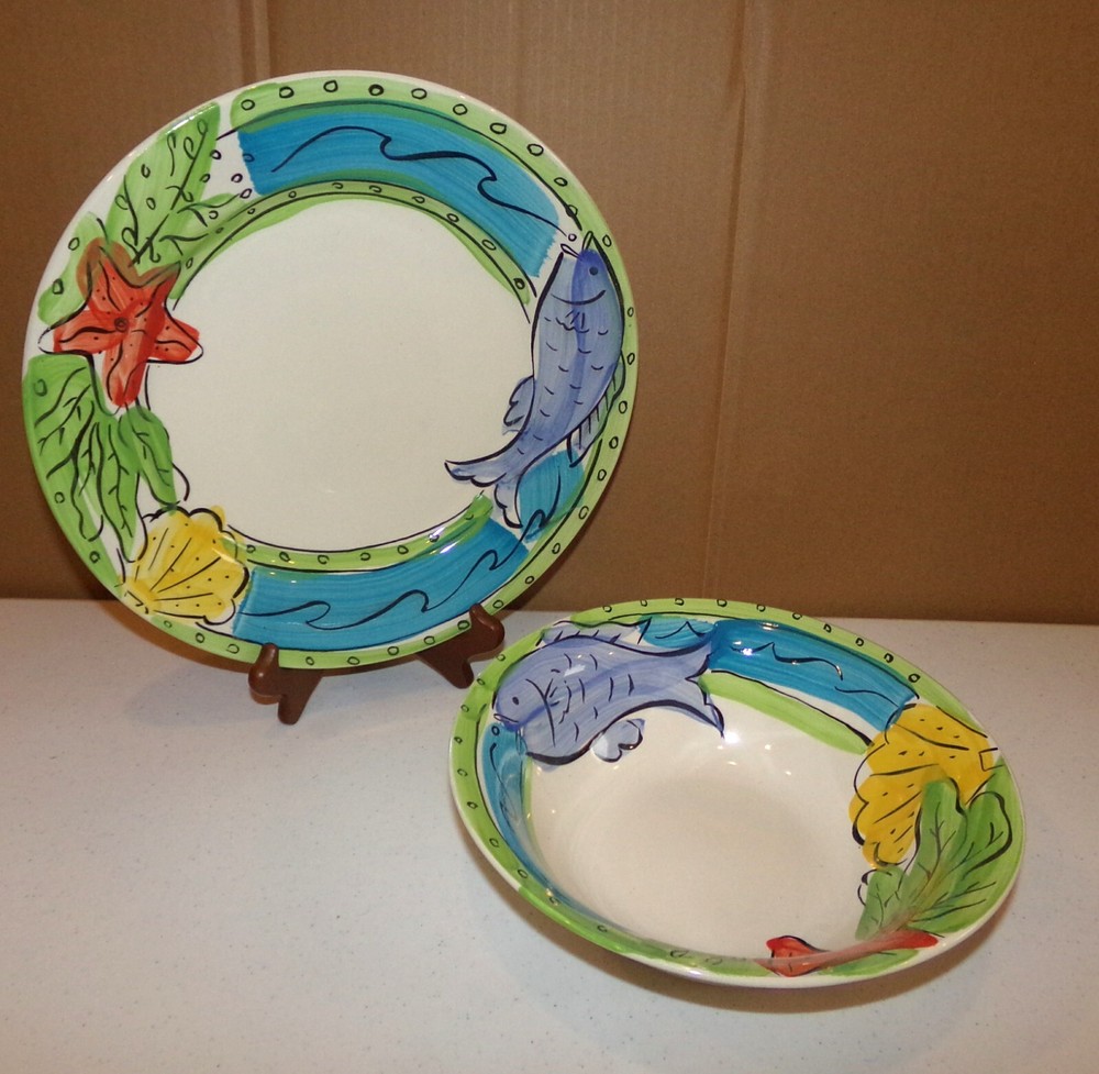 Sango Key West 6101 Hand-Painted Fish Starfish Serving Bowl and Chop Plate Set  