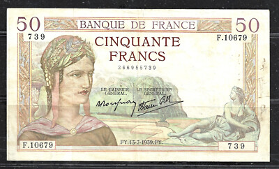 FRANCE $50 FRANCE P.85 (F/VF) FROM 1939 | eBay