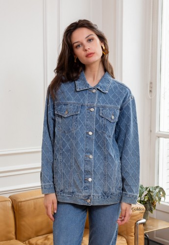Women Casual Oversized Blue All Over Diamond Embroidery Embellished Denim Jacket - Picture 3 of 5