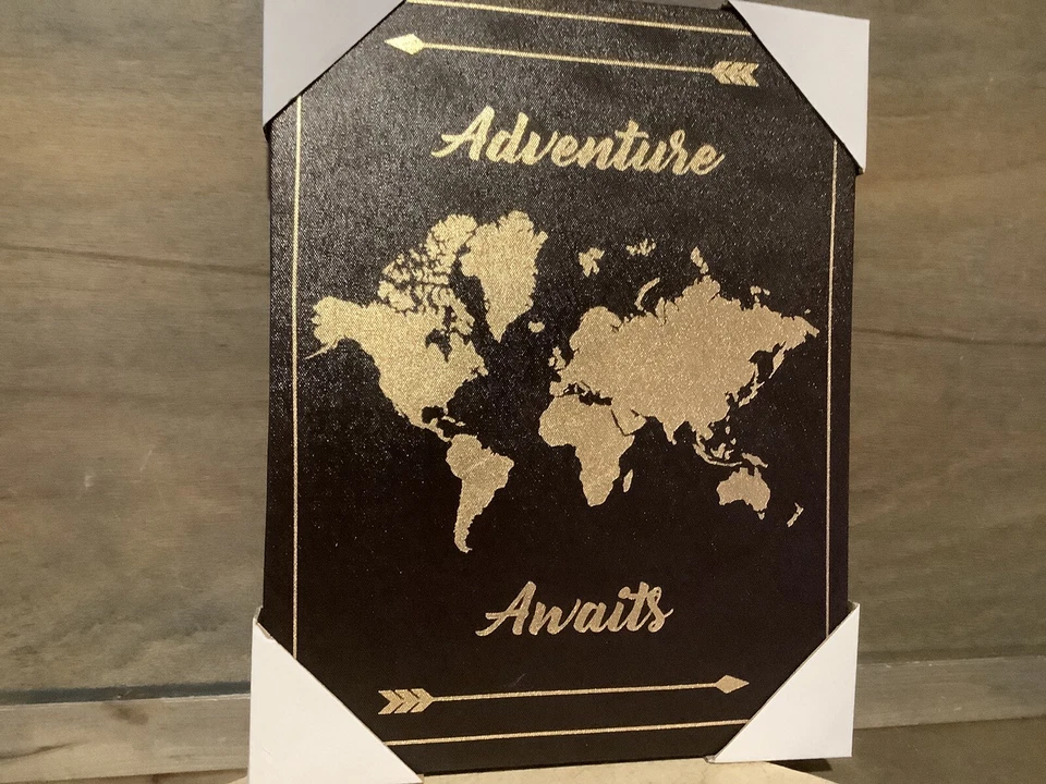 НОВЫЙ холщовый принт ADVENTURE WAIT ТЕМНО-КОРИЧНЕВЫЙ И ЗОЛОТОЙ 11 X 14 дюймов - Изображение 2 из 4