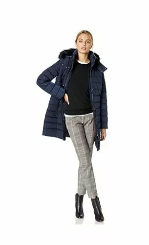 TOMMY HILFIGER MIDLENGTH PUFFER WINTER JACKET COAT W/ HOOD WOMEN NAVY SMALL - Picture 3 of 11