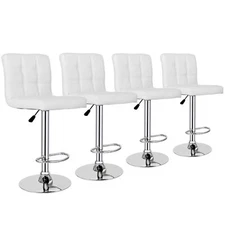 Set of 4 Modern Bar Stools PU Leather Chairs w/3 Level Gas Rod Metal Frame White