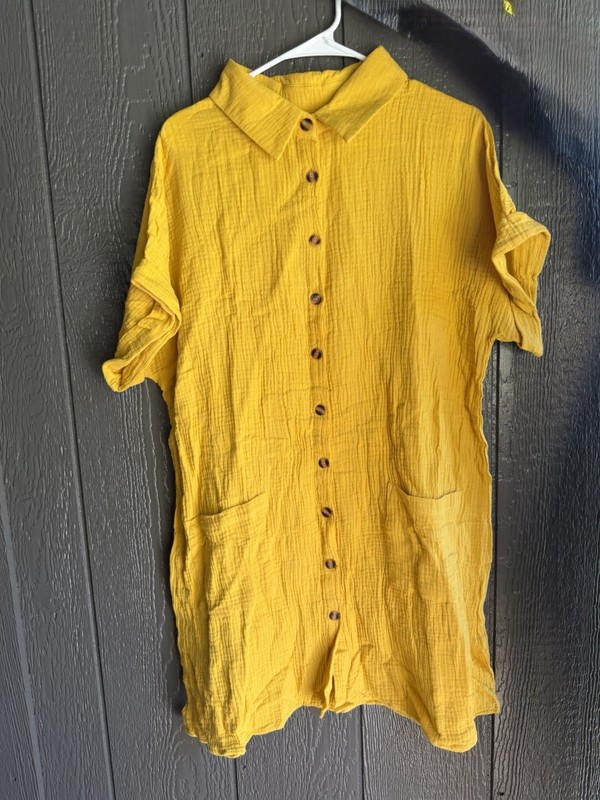 Women’s Yellow Solid Collared Button-Up Short Sleeve Cotton Woven shirt/dress XL