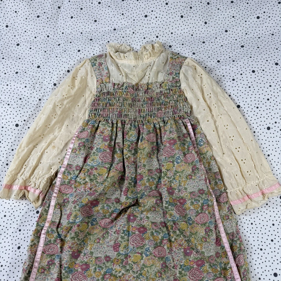 Vestido Vintage Años 70 Little Star Prairie Niña 4T Beige Rosa Floral Manga Larga Foto 3 de 4