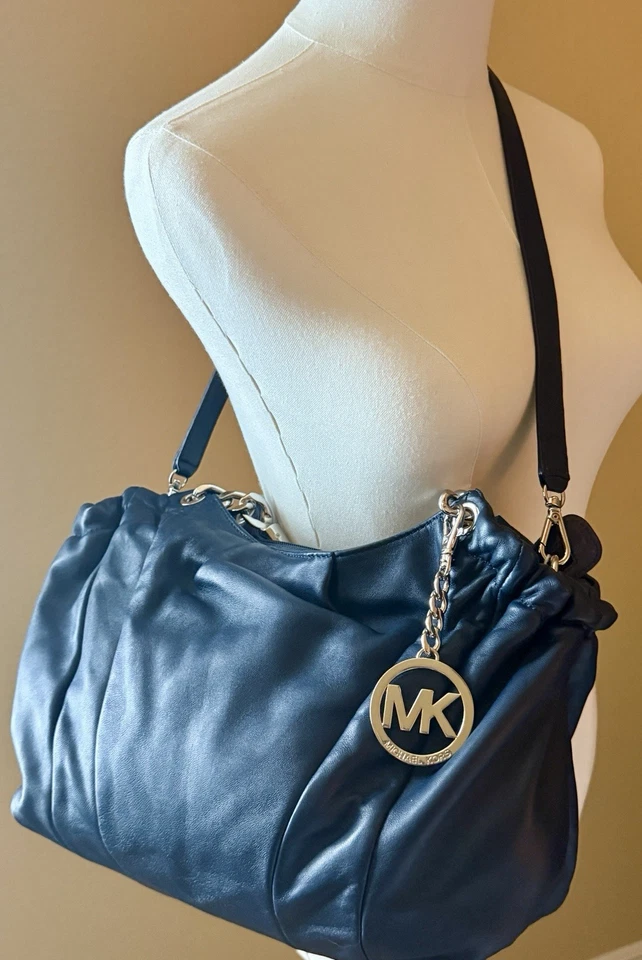 😎😎😎MICHAEL KORS Azul Real Fulton Cuero Hobo 2WAY Bolso de Hombro Asas Dbl Foto 3 de 4