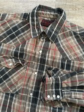 FiveBrother Flannel Shirt Large Workwear Plaid Pearl Snap Heavy Weight Vtg Brown
