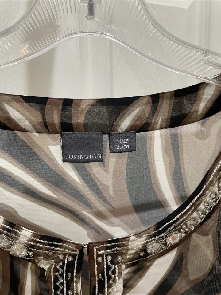 Blusa Covington Mujer Talla XL  Blusa Popover Estampado Animal Negro Marrón Con Cuentas Foto 2 de 3