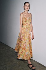 Zara ZW Collection Floral Midi Dress Cotton Flowy Strappy Orange Size L XL NWT
