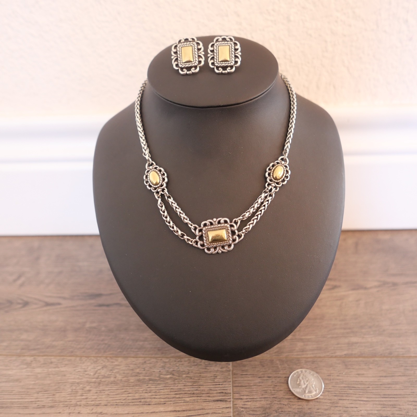 Vtg. Brighton Two-Tone Scroll Rectangle Pierced E… - image 1