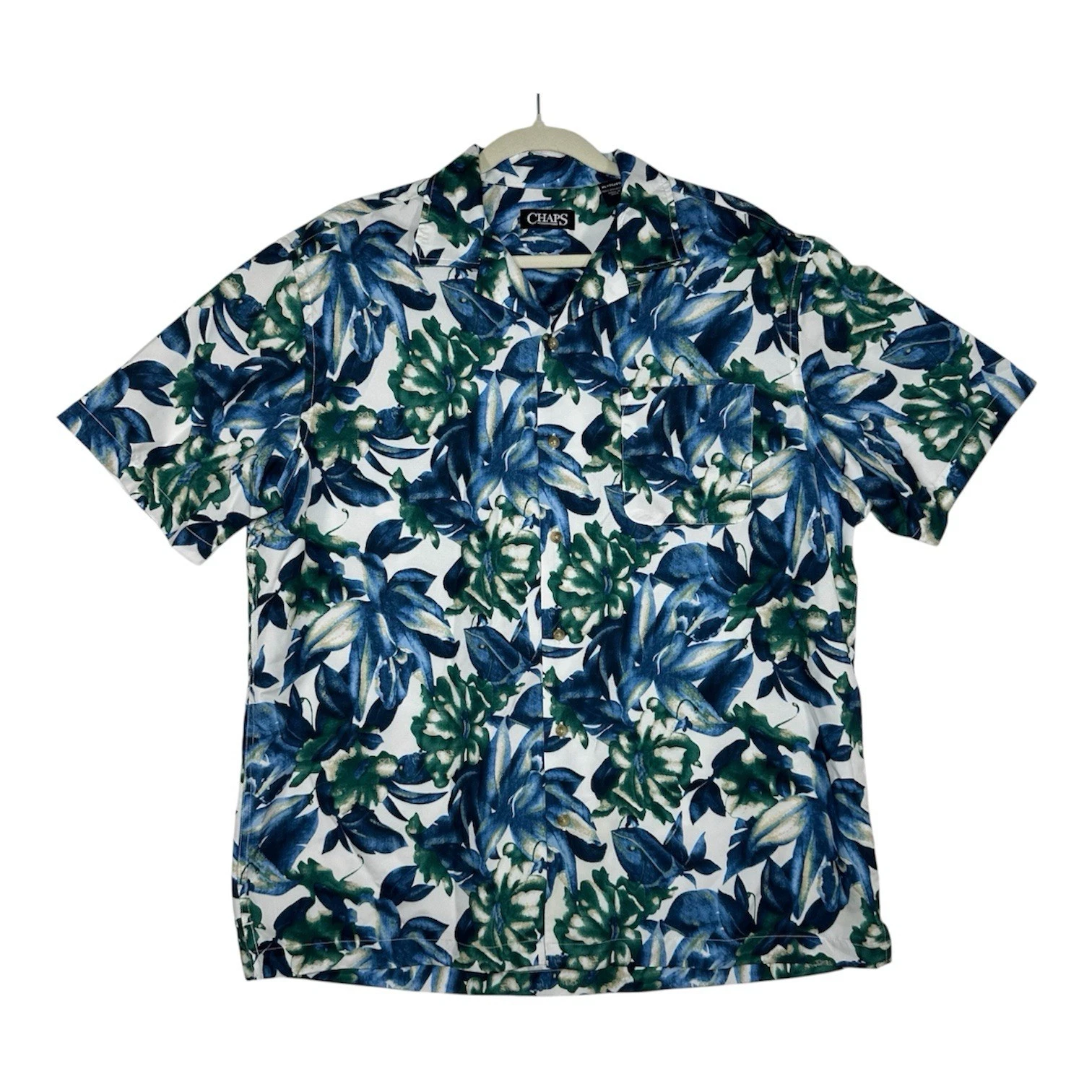 Chaps Hawaiian Shirt XL Mens Blue Green Floral Tropical Camp Coastal Resortwear