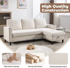 3-Seats L-shaped sectional sofa with storage, chaise  cup holders