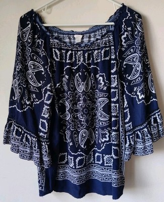 C Est 1946 Women L Blue/White Paisley Print Blouse Bell Sleeves Peasant Blouse 