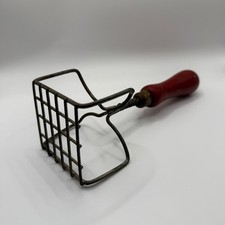 Vintage Red Wood Handle Potato Masher Primitive Twisted Metal Kitchen Tool 9in