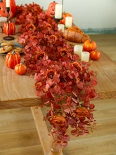 6.56Ft Fall Decor Orange Eucalyptus Garland with Flowers 8 Orange Roses, Fall Ga