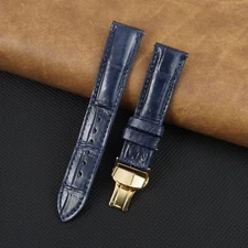 Navy Blue Crocodile Watch Band Real Leather Watch Strap Gold Deployment Buckle