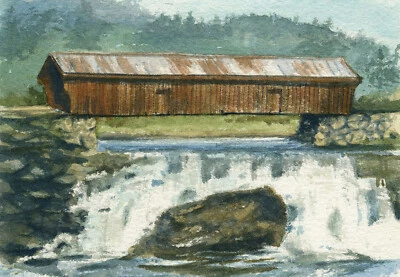 BELLA TERRA Willard Covered Bridge & Waterfall, Hartland, Vermont. Watercolor art notecards