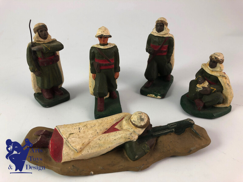 5 Figurines Anciennes JRD Spahis – Officier Et Cavaliers – Composition France 1930
