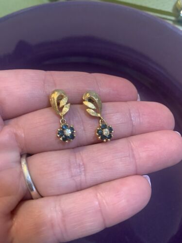 Sapphire and Diamond Flowers Dangle Drop Earrings Simulated Stones