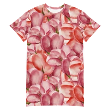 Pink and Red Tulip Floral Custom Print T-Shirt Dress Relaxed Fit 2XS-6XL