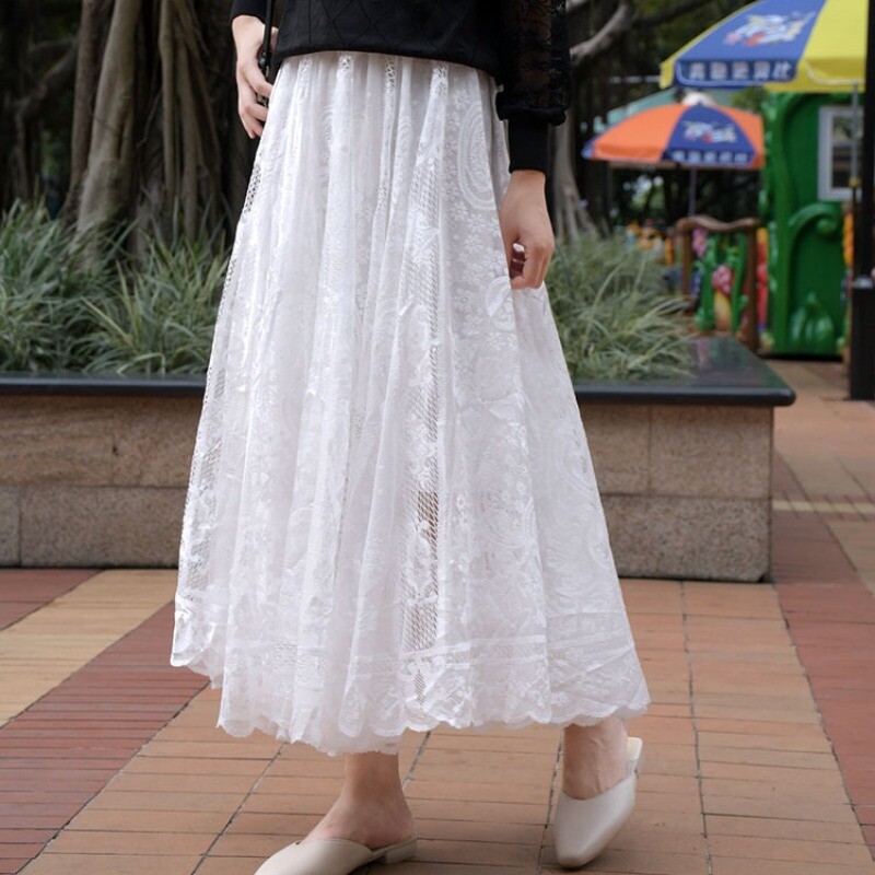Dama Hueca Crochet Floral Encaje Falda Retro Fina Columpio Midi Vacaciones Playa Falda