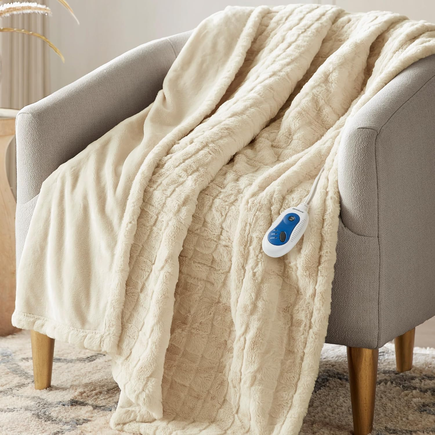 Cozy Heated Electric Throw Blanket - Reversible Faux Fur in Mink