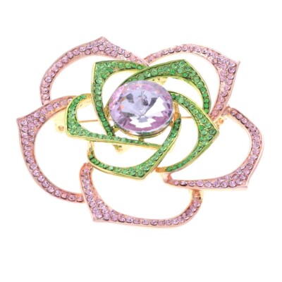 Gold Tone Metal Austrian Crystal Rhinestone Flower Brooch P1417-PNG