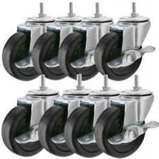 8PCS Rubber Swivel Caster Wheels with Brake M10 10mm Threaded Screw Stem