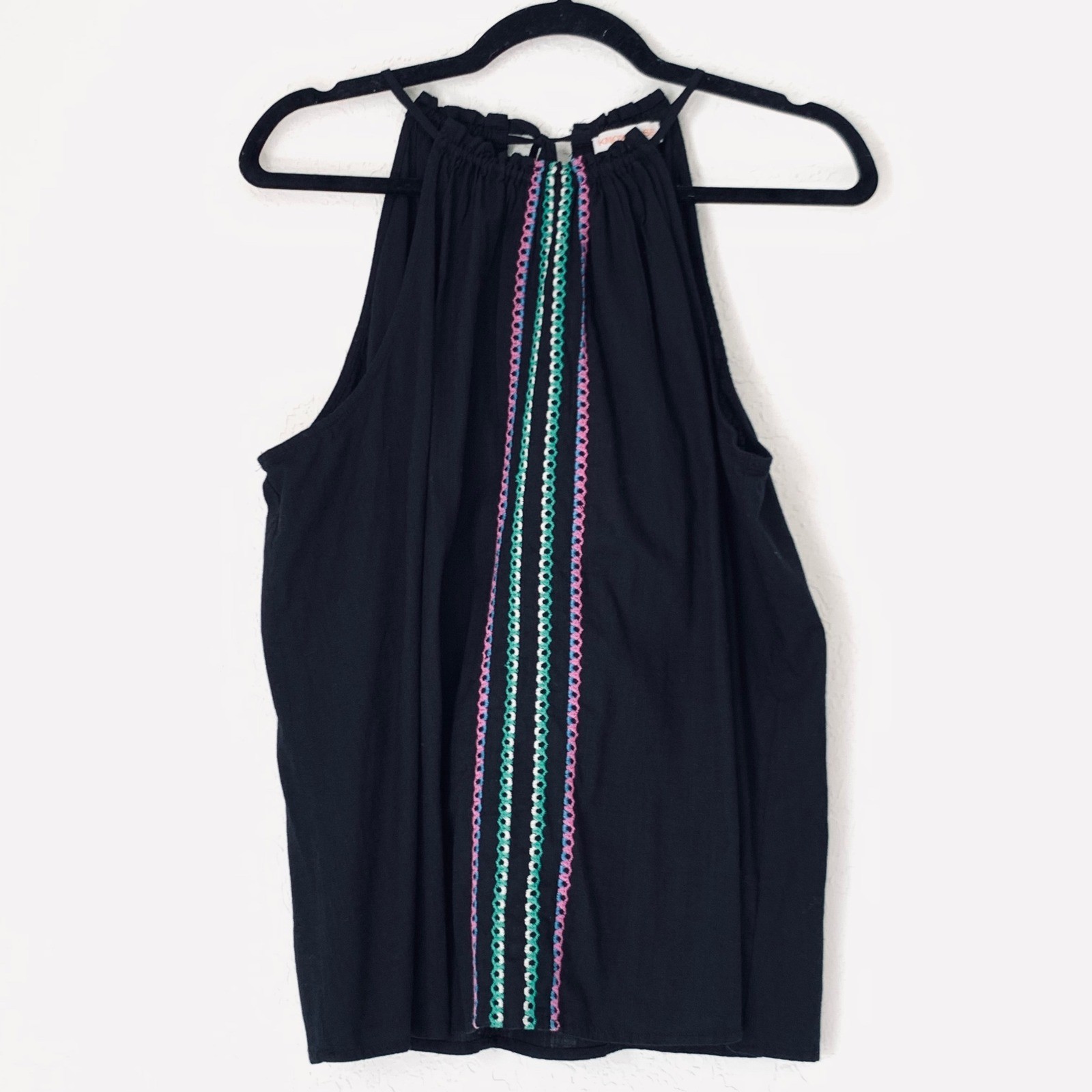 Knox Rose Halter Top Women XL Black Embroidered Sleeveless Boho Peasant Festival