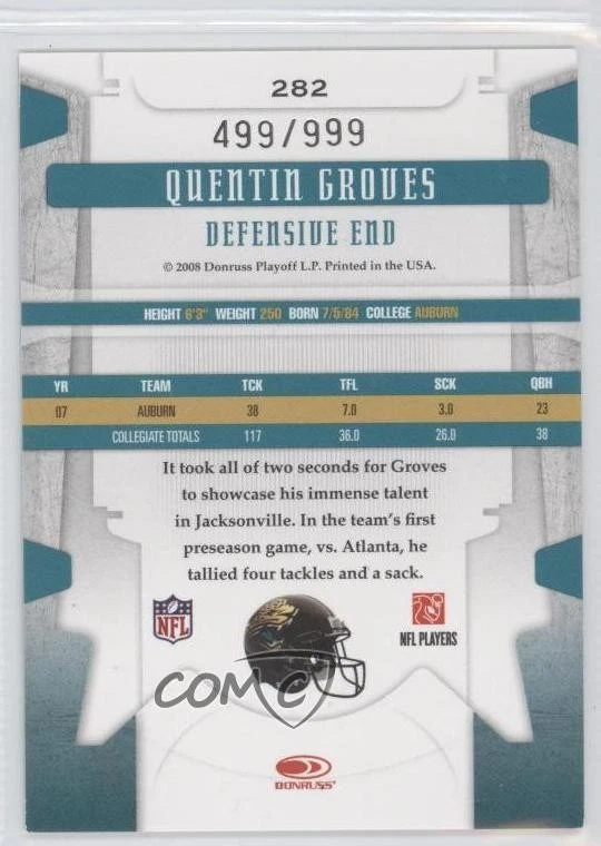 2008 Leaf Limited Phenoms /999 Quentin Groves #282 Rookie RC - Image 2 of 2