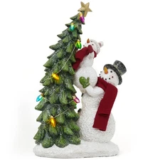 Christmas Snowman Figurines Decor with Lights, Cute Red White Resin Snowman F...