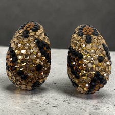 Vintage Richard Kerr Leopard Crystal Domed Pave Clip Earrings HUGE Statement 80s