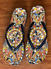 Tory Burch EVA SOLE Psychedelic Geo Enamel Logo Flip Flops Size 7 Beach Boho